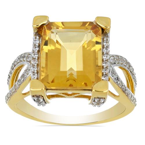 14K GOLD REAL CITRINE GEMSTONE BIG STONE RING WITH WHITE DIAMOND